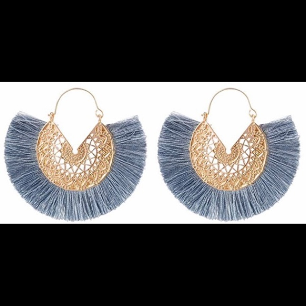 Boho Fringe Earrings Blue